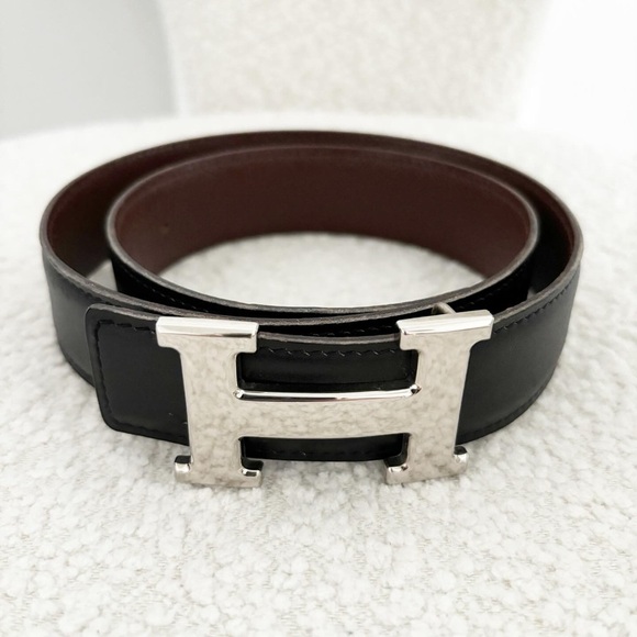 HERMES □ A time Constance Boxcalf Epsom Leather H buckle reversible belt Black Silver Metal 65